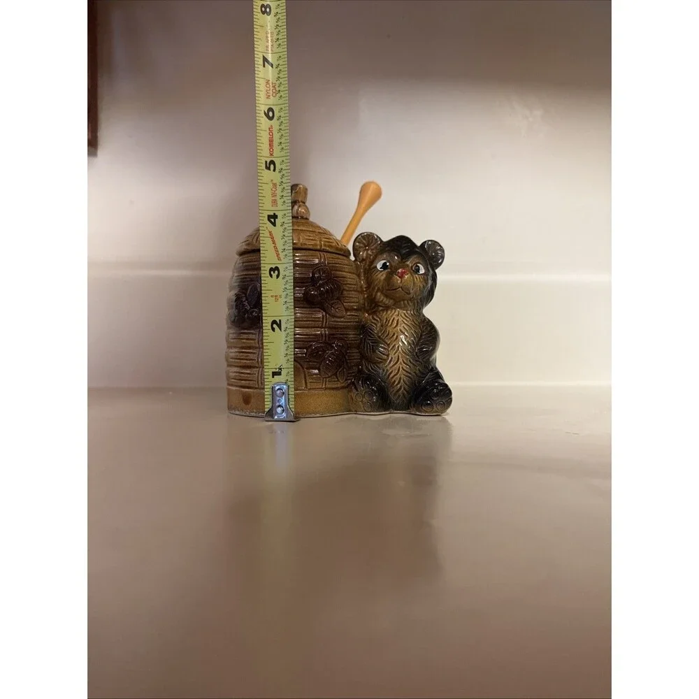 Honey Pot Bear & Bee Hive Armbee Japan with stir stick Vtg Retro Kitchen Decor